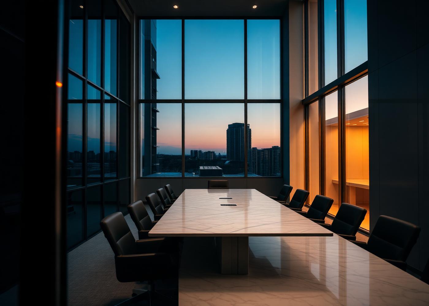 Modern boardroom at dusk